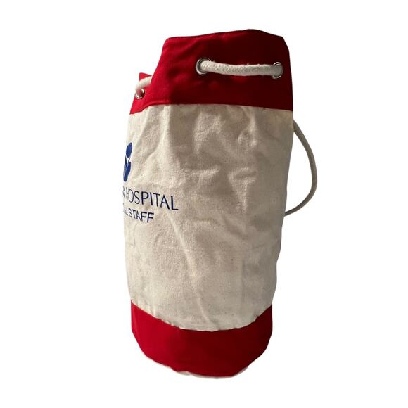 Flower Hospital Medical Staff Canvas Duffle Bag Red Cream Drawstring - Picture 3 of 13